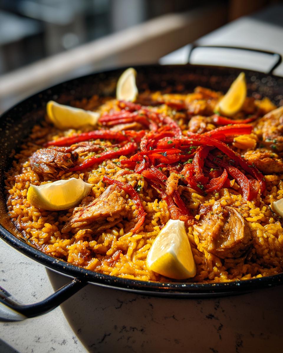 Paella valenciana tradicional con arroz, pollo, pimientos rojos y cuñas de limón en sartén negra