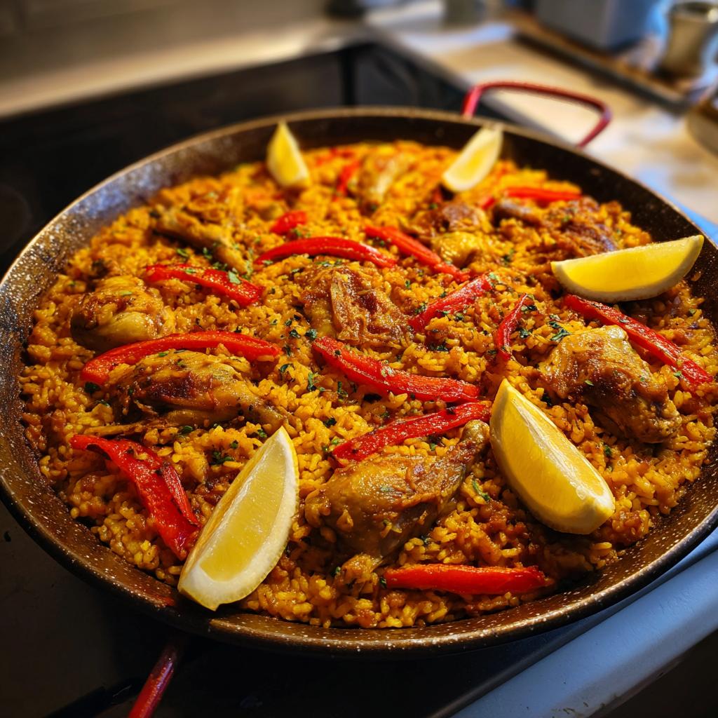 Paella valenciana con arroz, pollo, pimientos rojos y gajos de limón en sartén