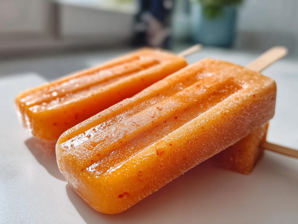 Dos paletas heladas caseras naranjas con textura congelada sobre superficie blanca.