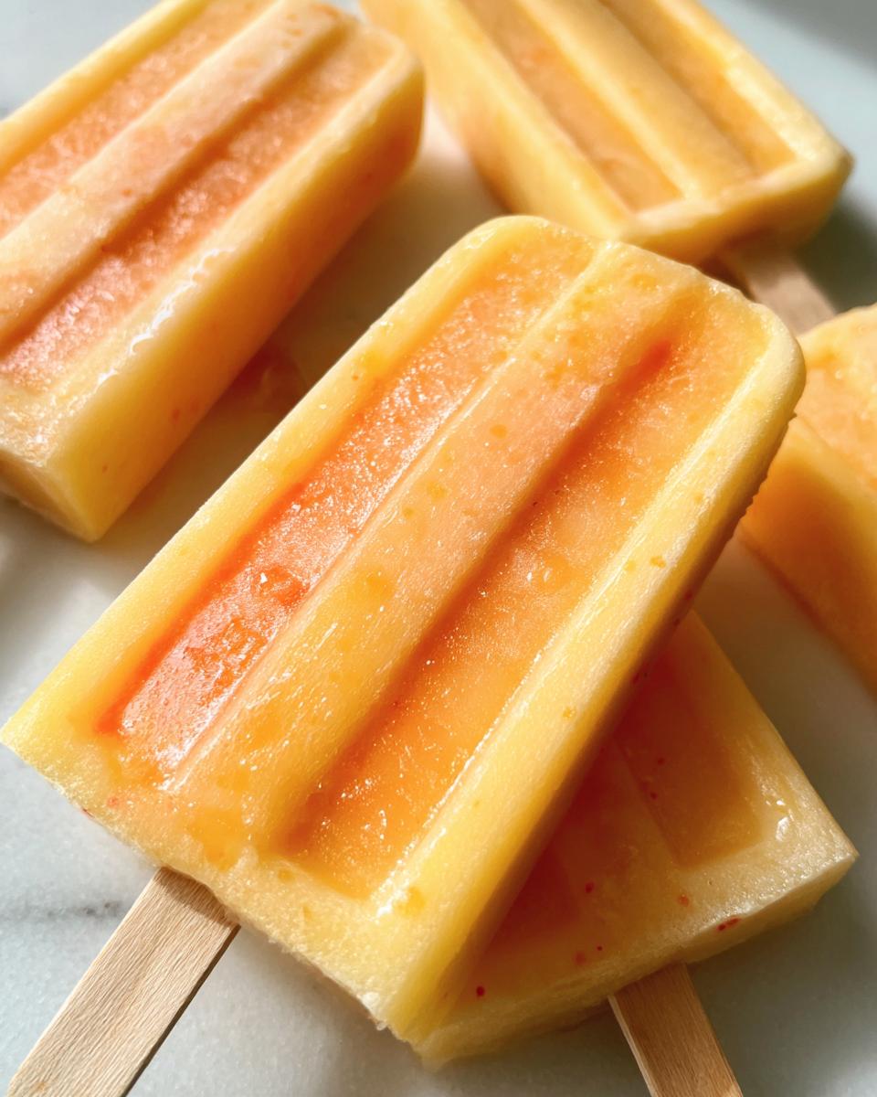 Paletas heladas caseras de color naranja y amarillo sobre fondo claro.