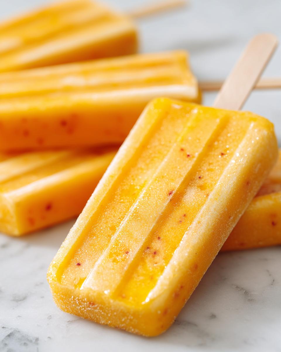 Paletas heladas caseras de color amarillo con trozos de fruta sobre superficie clara