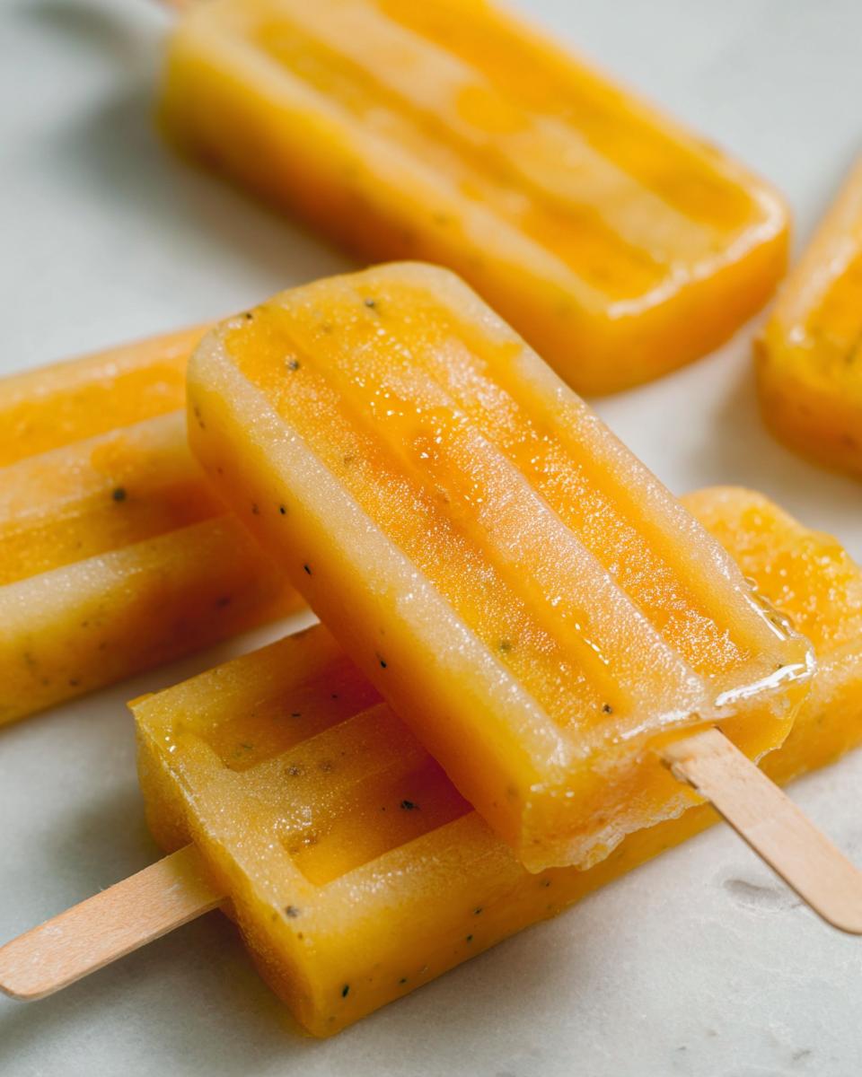 Paletas heladas caseras de color naranja con pequeñas hojas verdes sobre fondo claro.