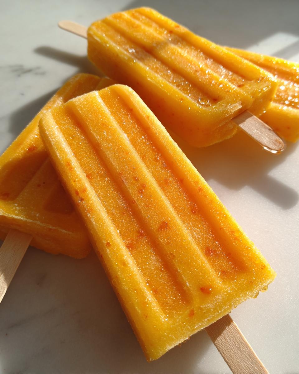 Tres paletas heladas caseras de color naranja sobre superficie blanca con luz natural