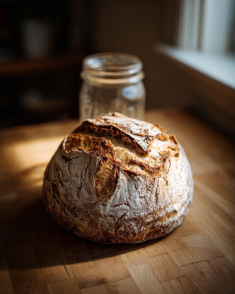 Pan redondo artesanal con corteza dorada hecho con masa madre para principiantes sobre mesa de madera