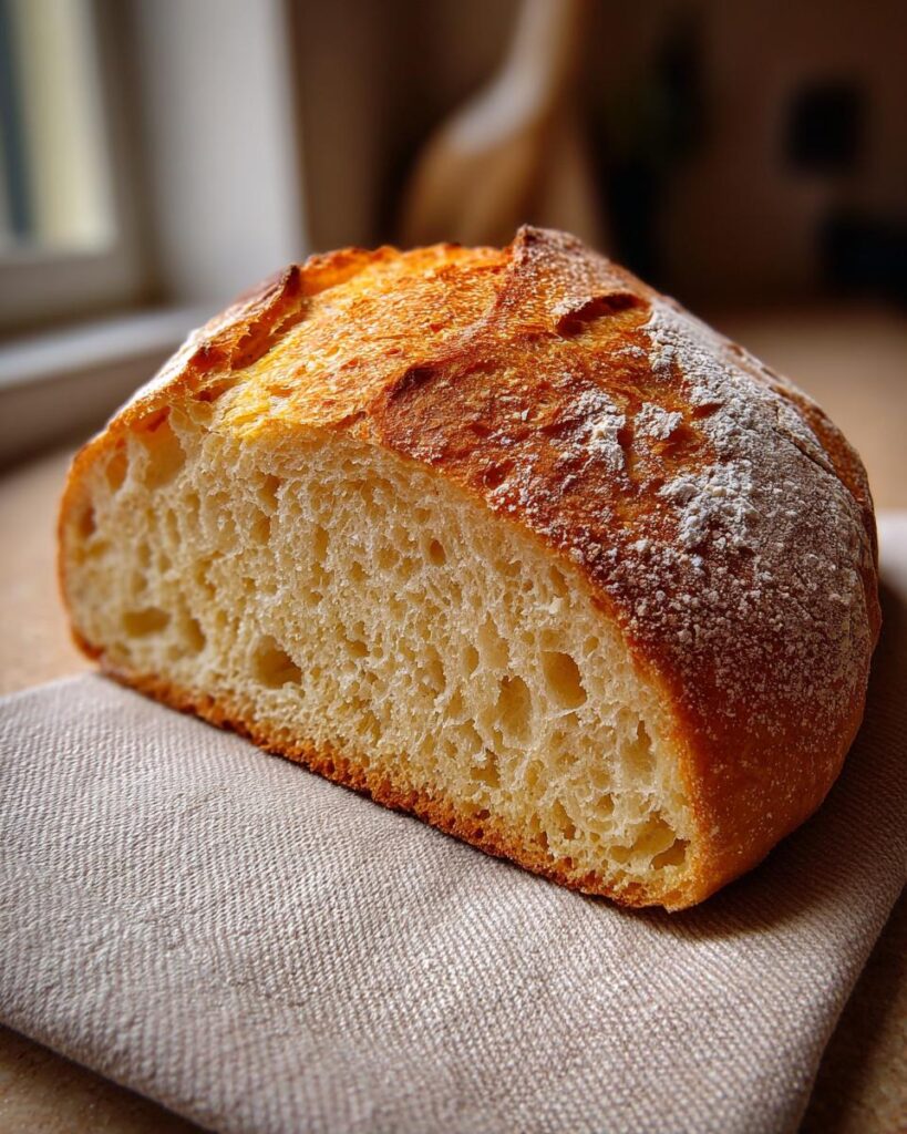 Rebanada de pan casero fácil con corteza dorada y miga suave y aireada sobre tela beige