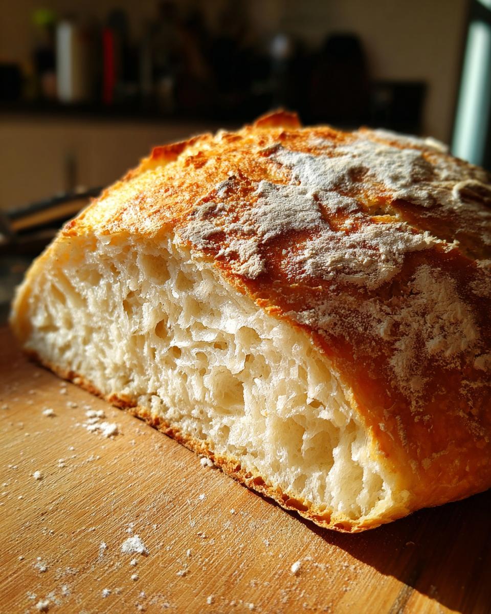 Rebanada de pan casero fácil con corteza crujiente y miga aireada sobre tabla de madera.
