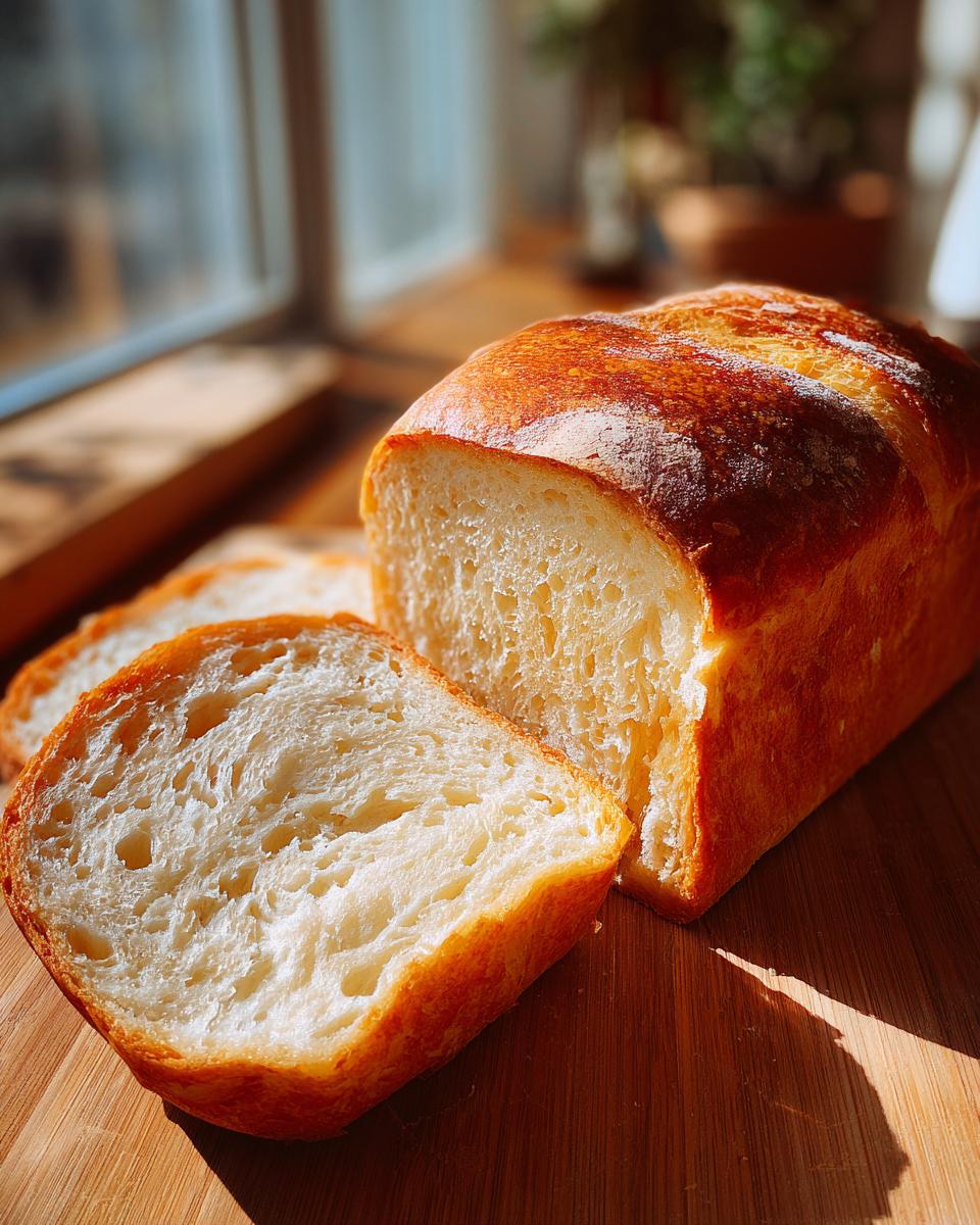 Rebanadas de pan casero fácil con corteza dorada y miga esponjosa sobre tabla de madera