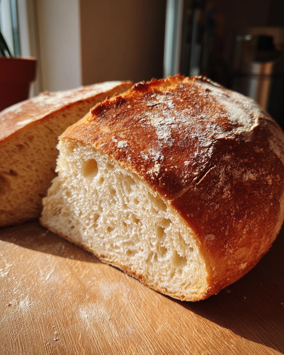 Rebanada de pan casero fácil con miga esponjosa y corteza dorada sobre tabla de madera