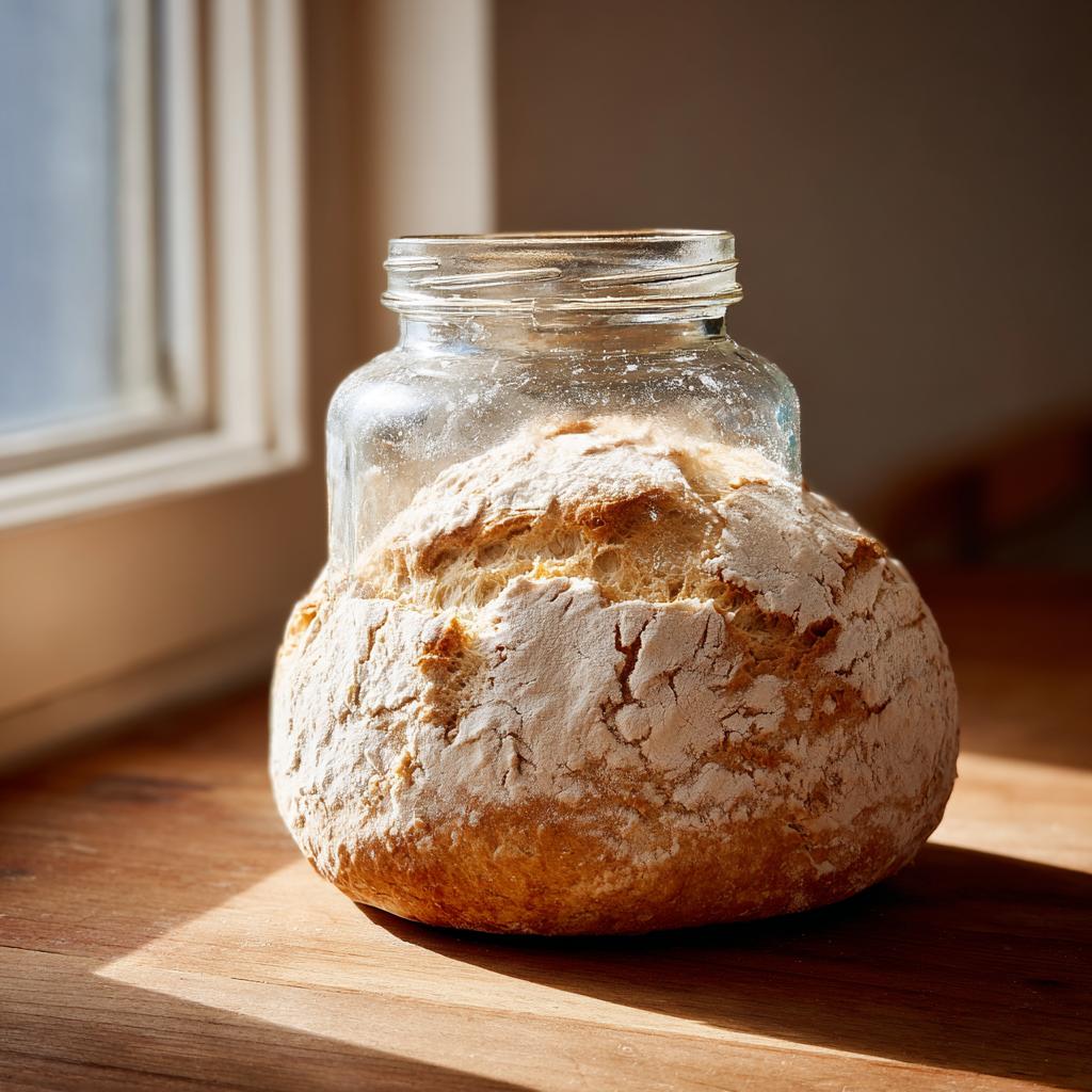 Pan rústico de masa madre para principiantes dentro de un frasco de vidrio sobre mesa de madera