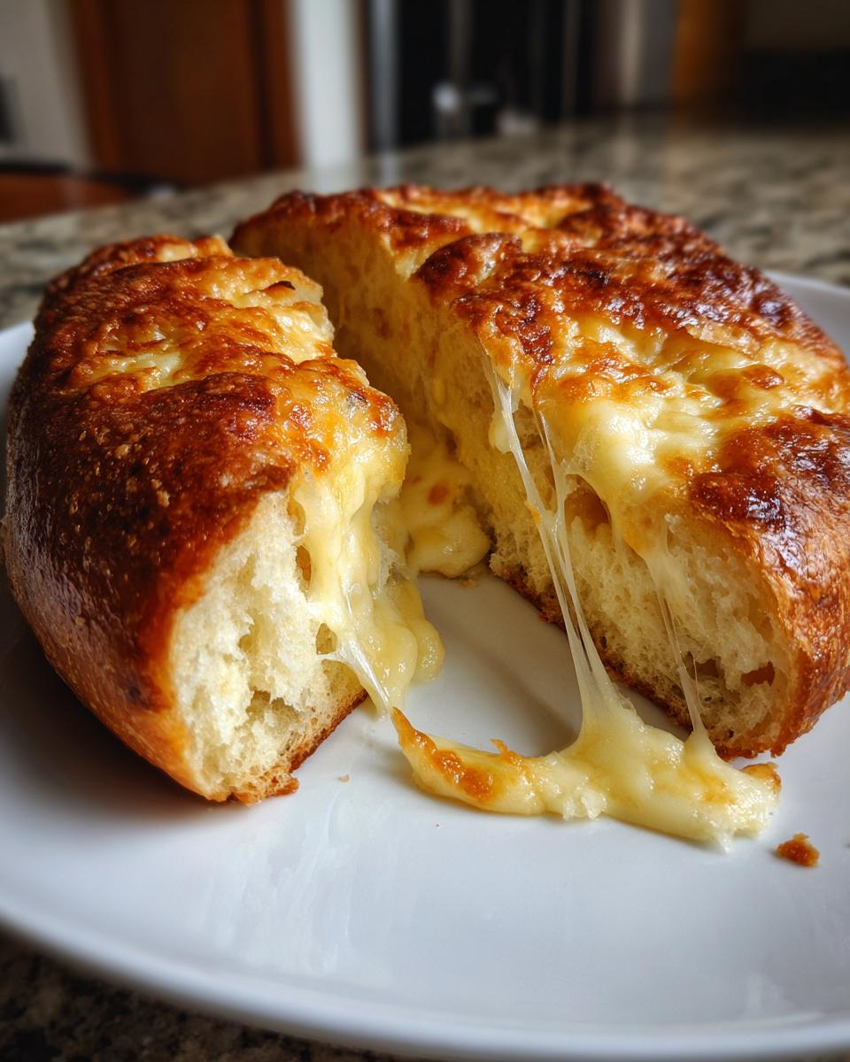 Pan dorado relleno de queso fundido y estirado en un plato blanco, ideal para recetas de Pascua