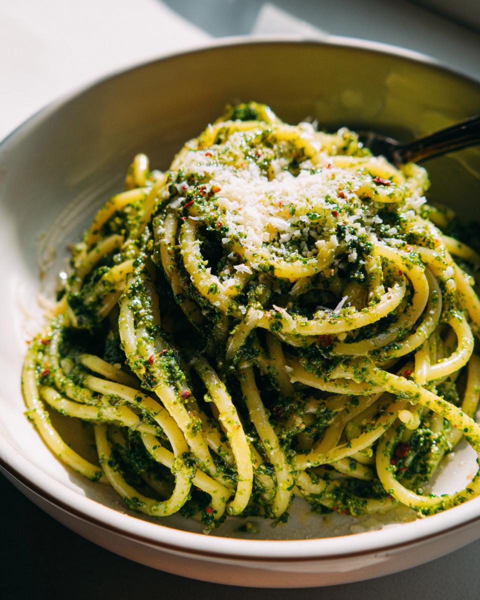 Tazón con pasta al pesto casera cubierta de queso rallado y especias