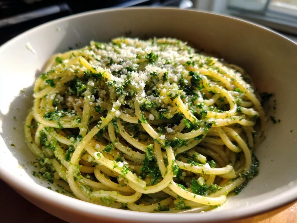 Plato blanco con pasta al pesto casera espolvoreada con queso rallado