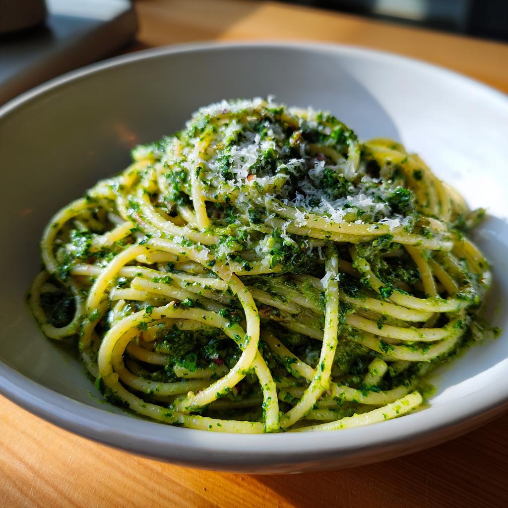 Plato blanco con pasta al pesto casera espolvoreada con queso rallado