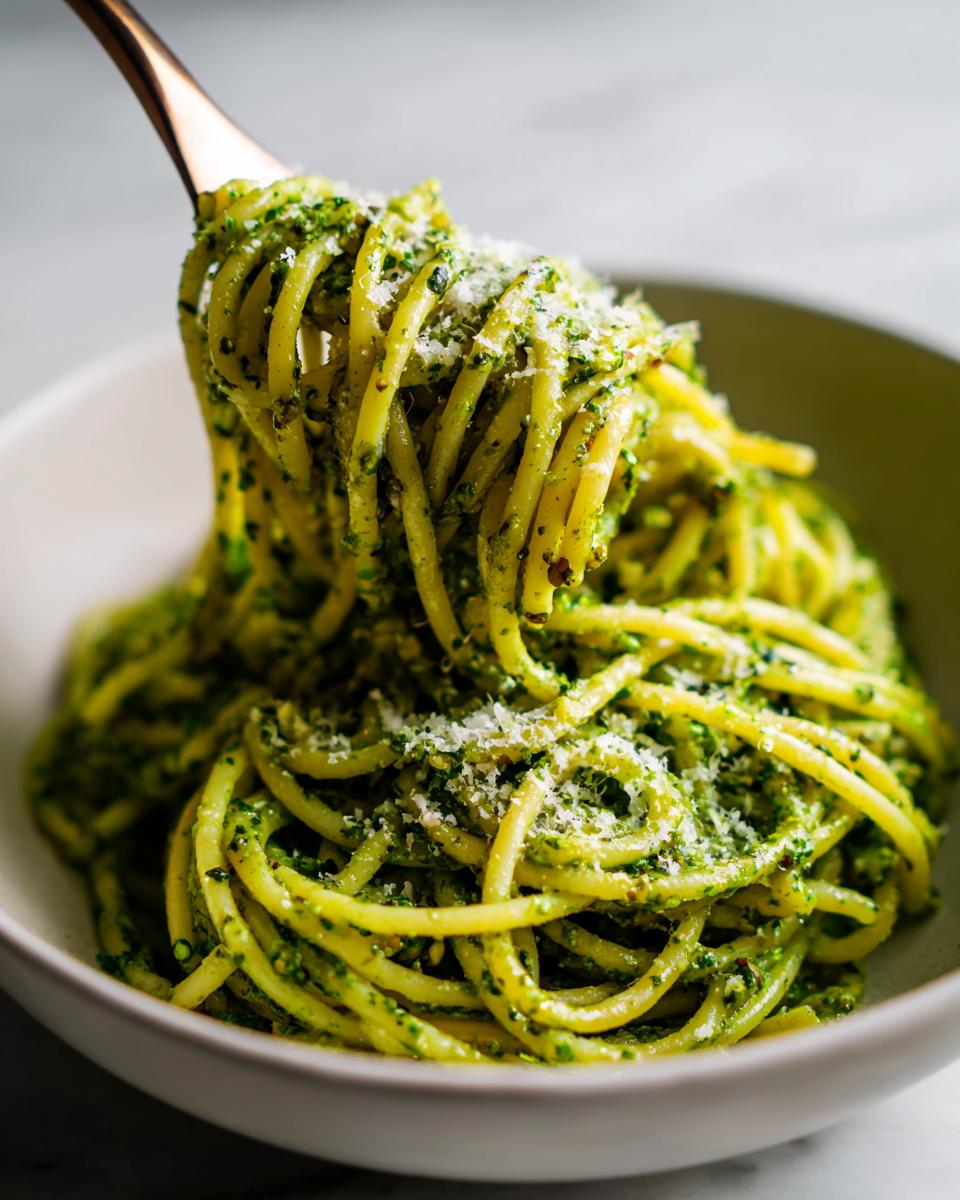Tazón de pasta al pesto con queso rallado y un tenedor levantando espaguetis