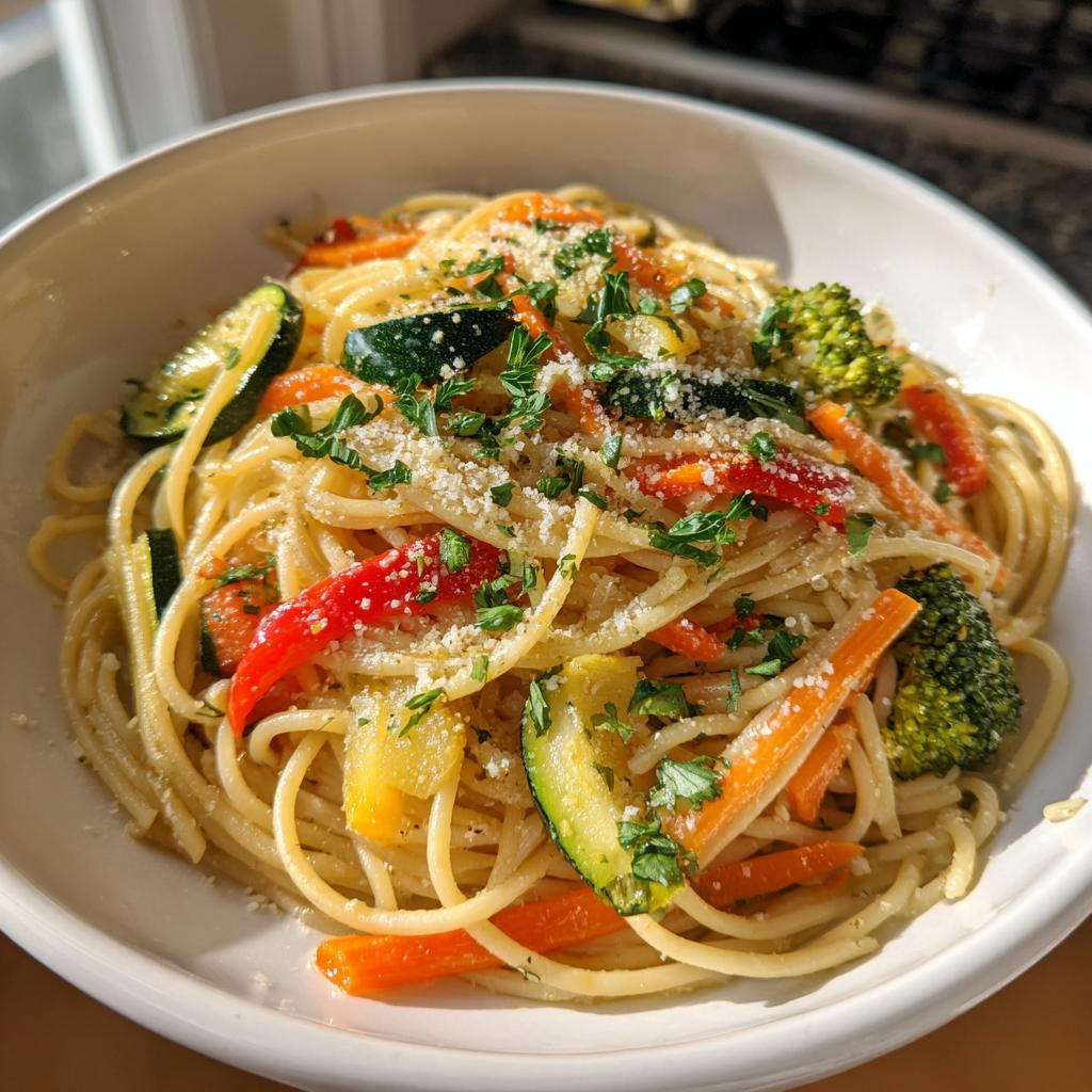 Plato de pasta primavera con verduras variadas como calabacín, pimiento, zanahoria y brócoli