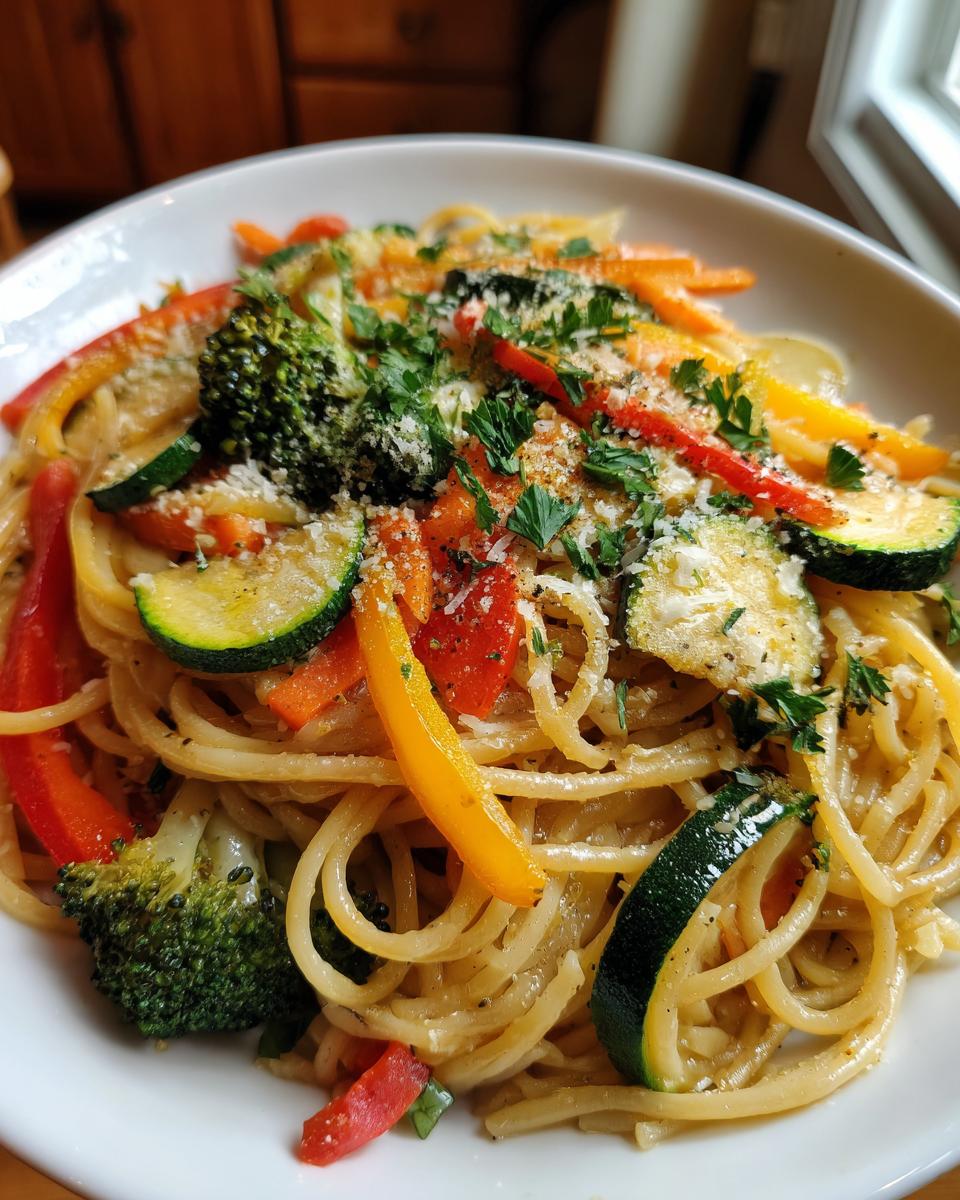 Plato de pasta primavera con verduras como brócoli, pimiento y calabacín