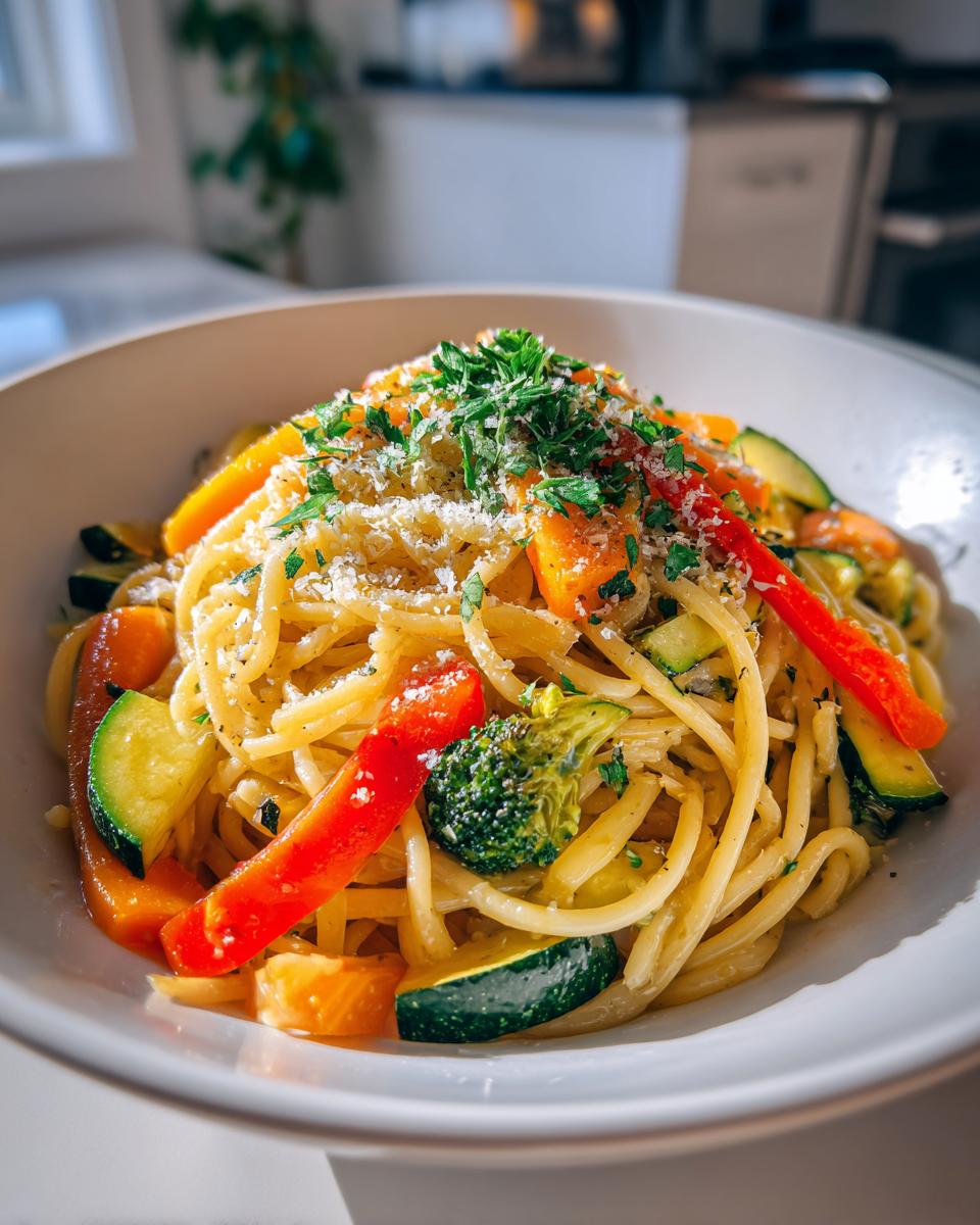 Plato de pasta primavera con verduras variadas y queso rallado encima