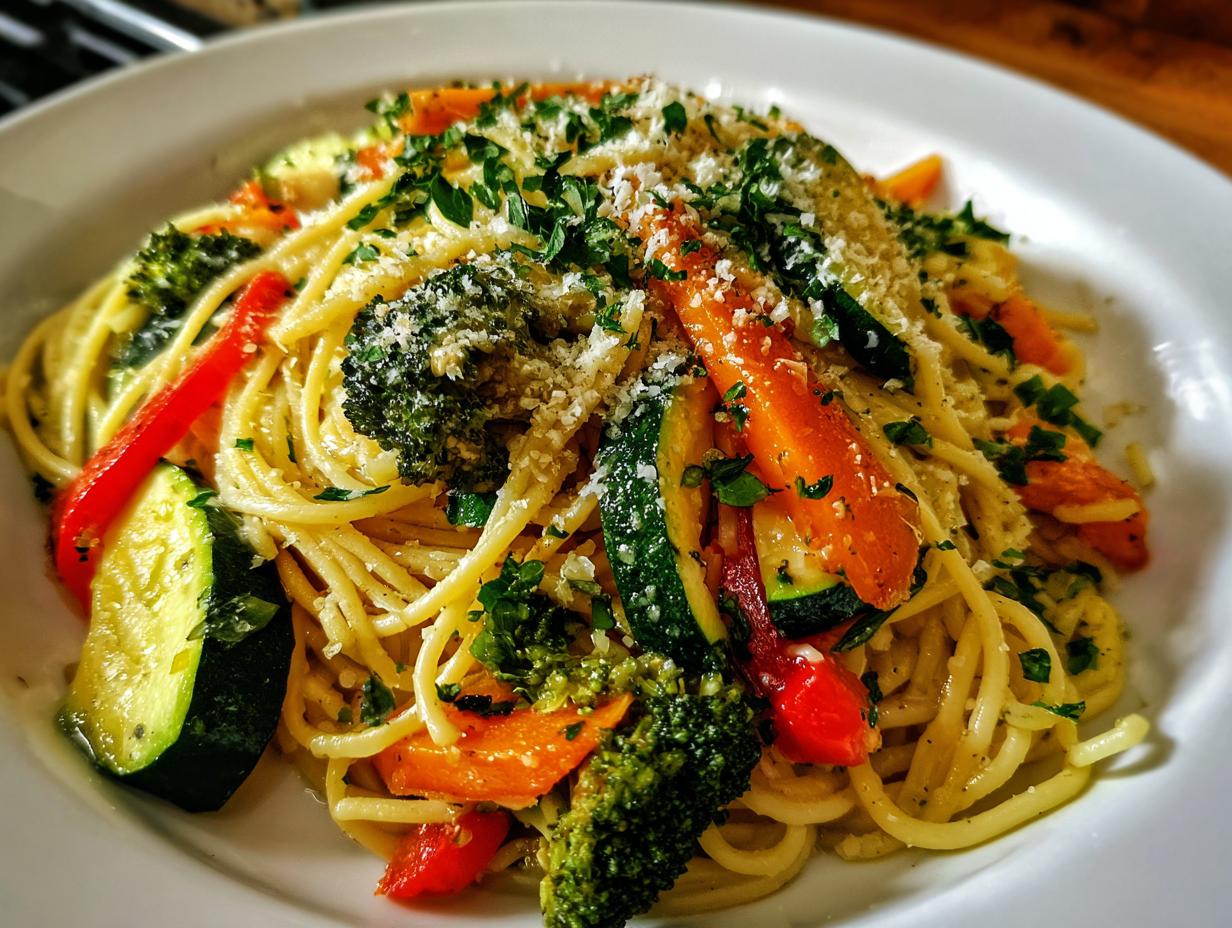Plato de pasta primavera con verduras como brócoli, zanahoria y calabacín