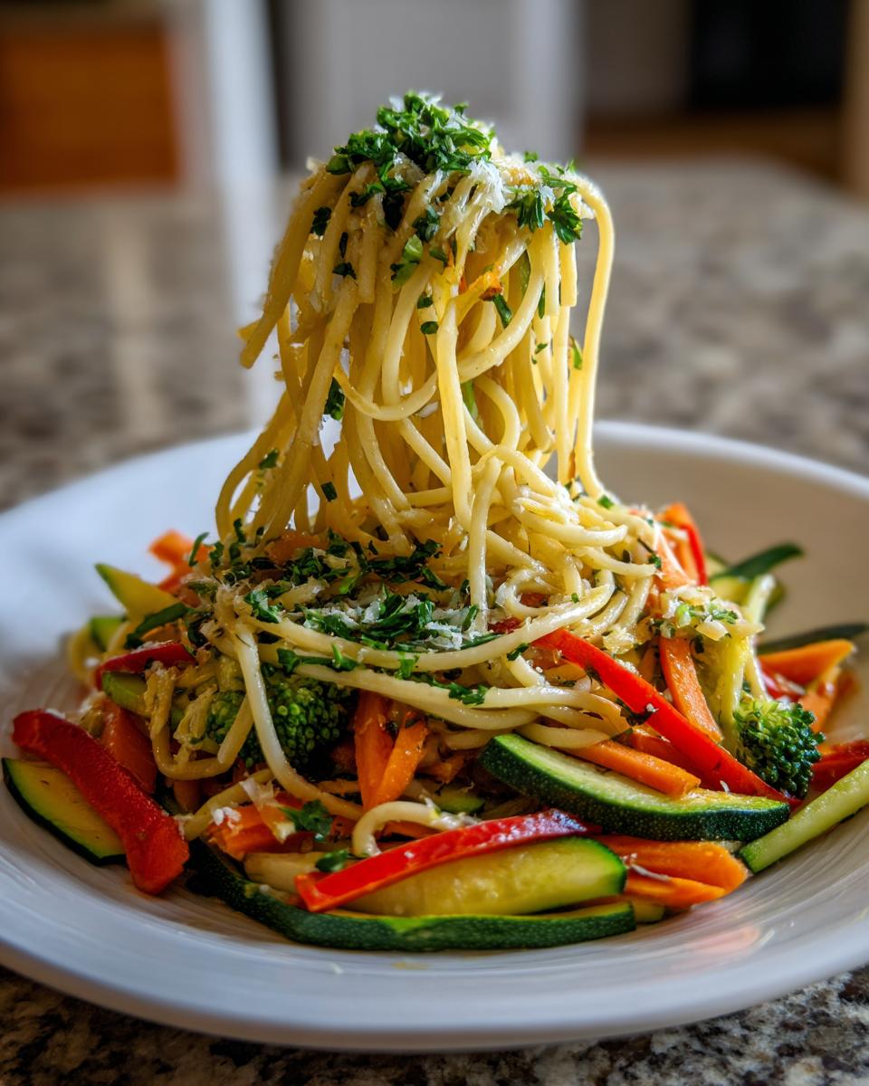 Pasta primavera con verduras coloridas y perejil fresco en plato blanco