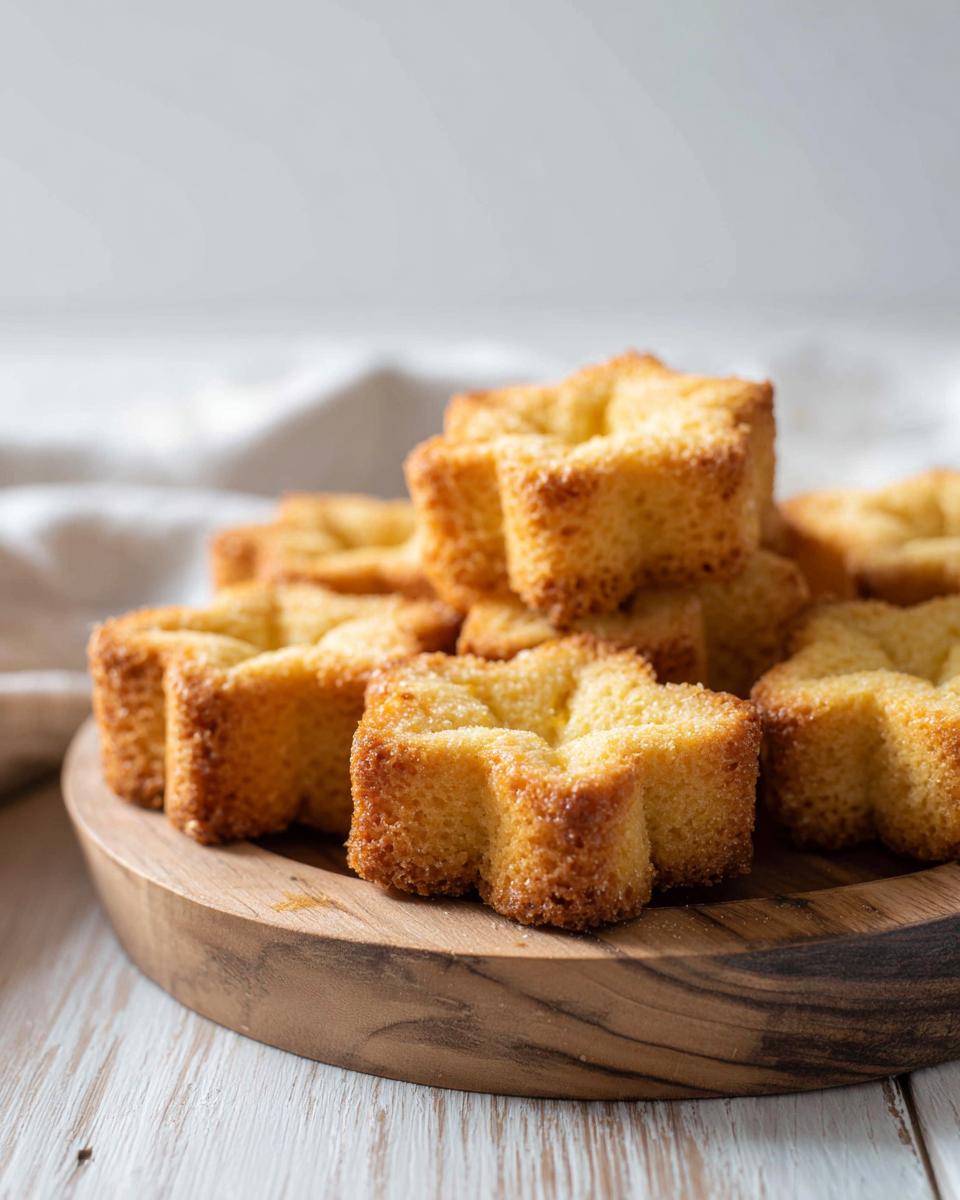 Pastelitos dorados en forma de estrella apilados en un plato de madera, ideales para recetas para Día del Niño