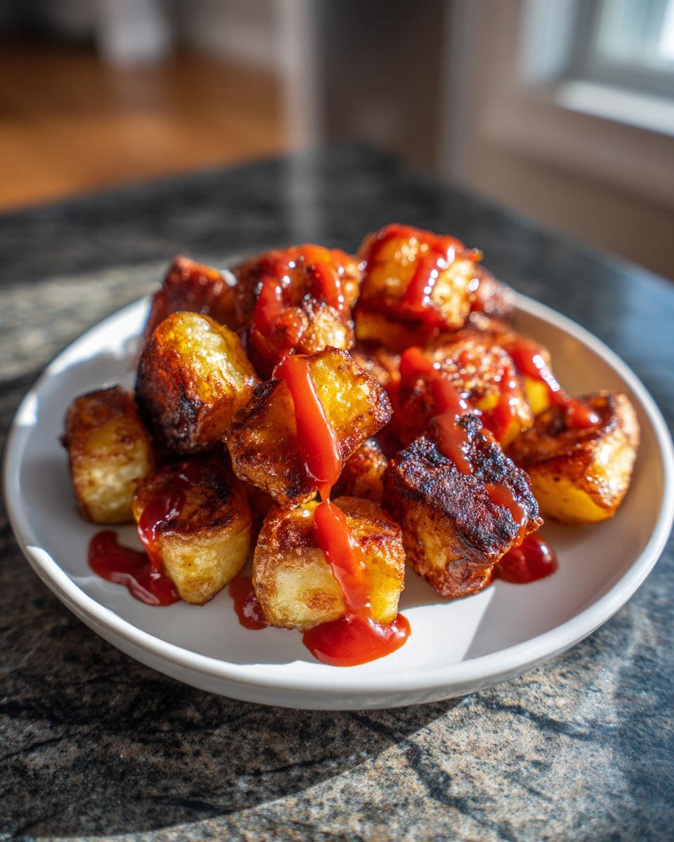 Plato de patatas bravas doradas con salsa picante roja por encima