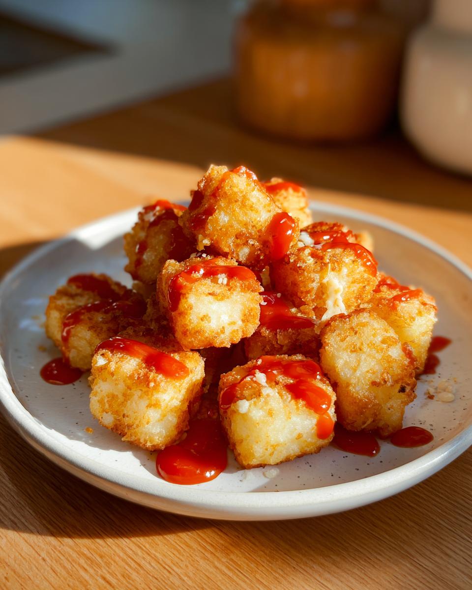 Plato de patatas bravas crujientes cubiertas con salsa picante roja.