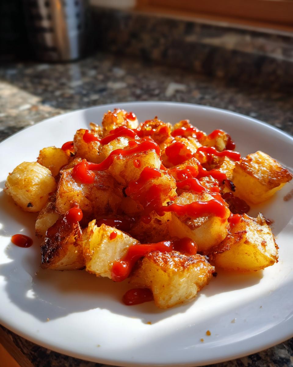 Plato de patatas bravas doradas con salsa picante roja sobre un plato blanco.