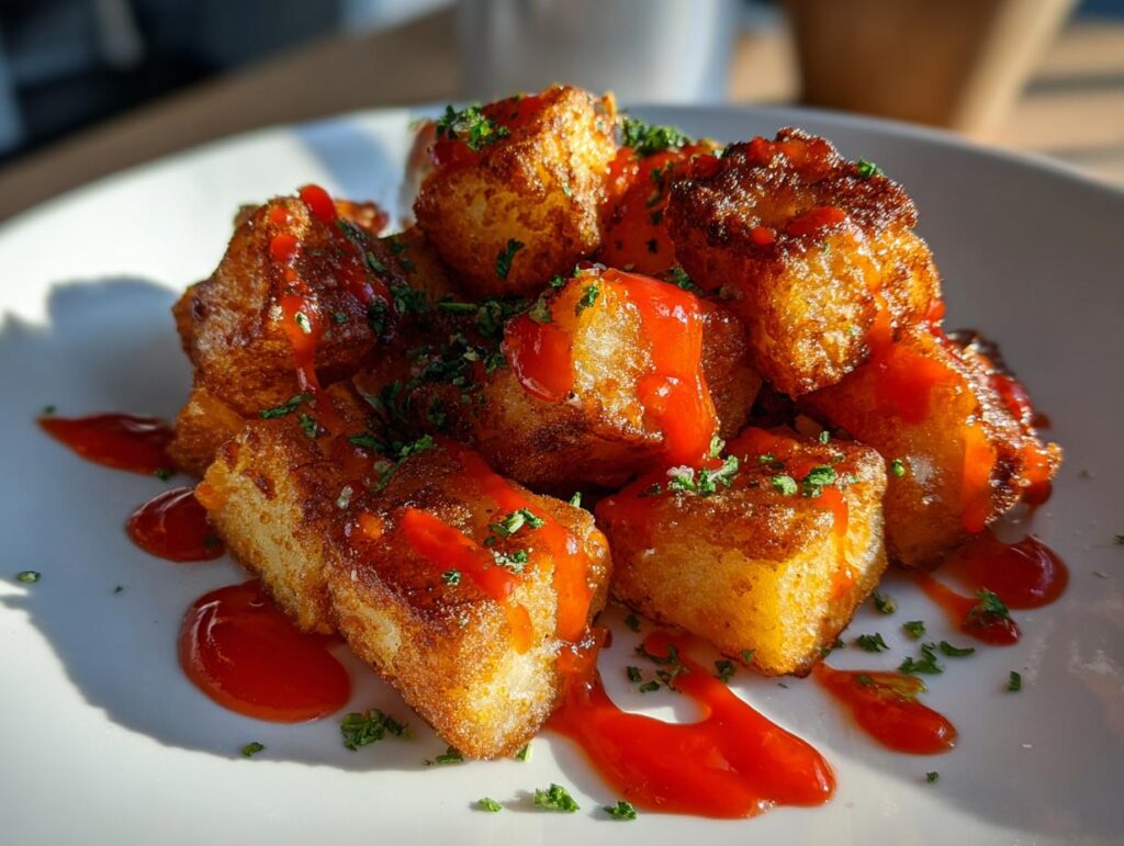 Patatas bravas doradas con salsa picante roja y perejil espolvoreado en plato blanco