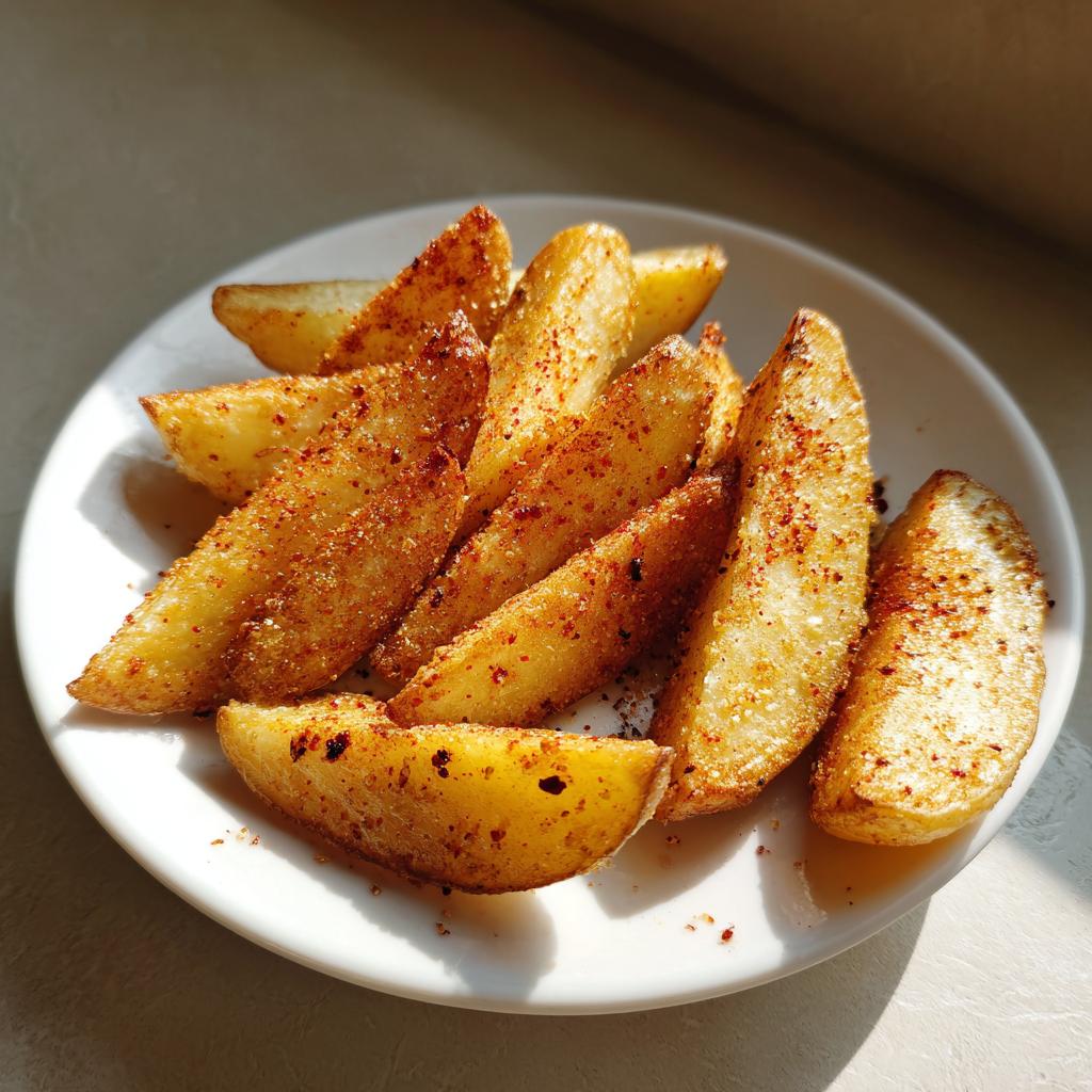 Patatas gajo airfryer crujientes doradas y sazonadas en un plato blanco