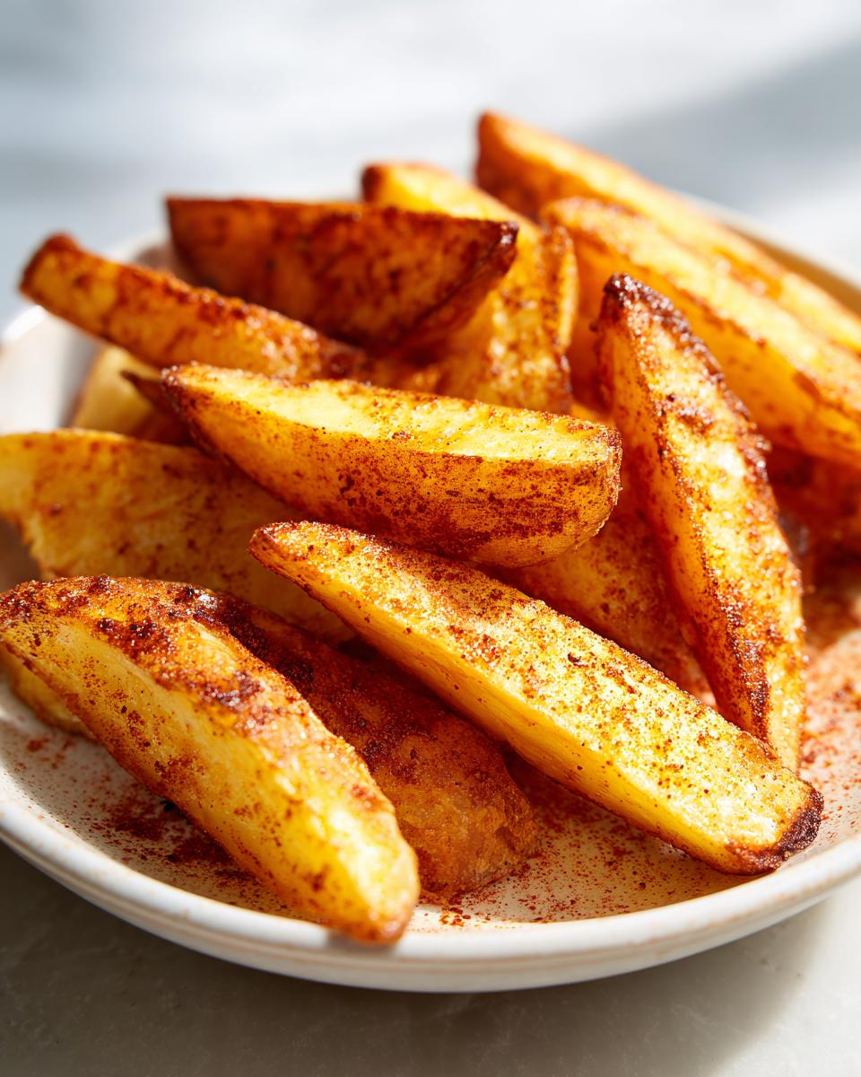 Patatas gajo airfryer crujientes doradas y especiadas servidas en un plato blanco.