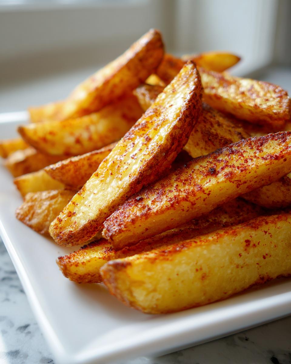 Patatas gajo airfryer crujientes doradas y especiadas servidas en un plato blanco