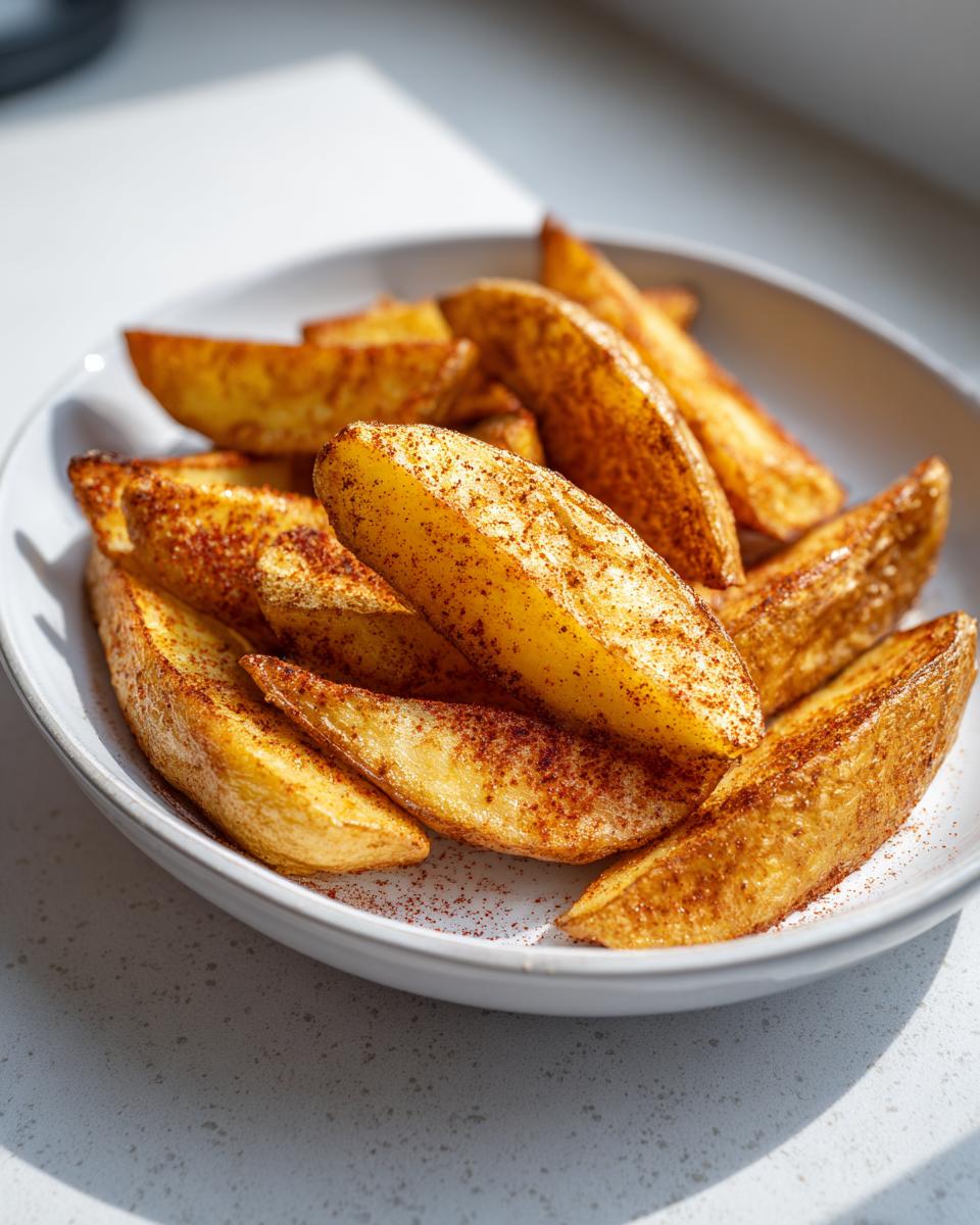 Patatas gajo airfryer crujientes con especias servidas en un plato blanco