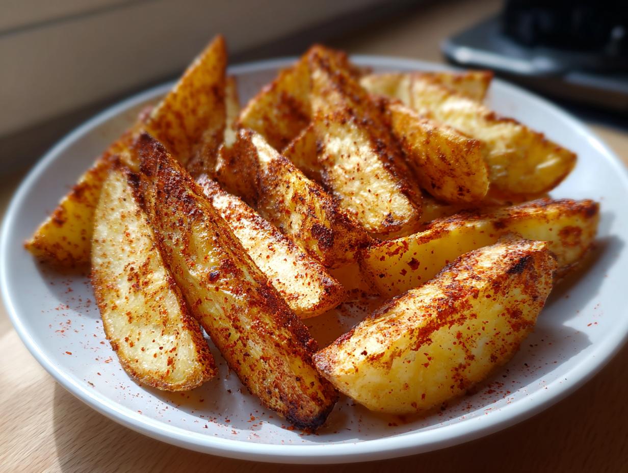 Patatas gajo airfryer crujientes con especias servidas en un plato blanco.