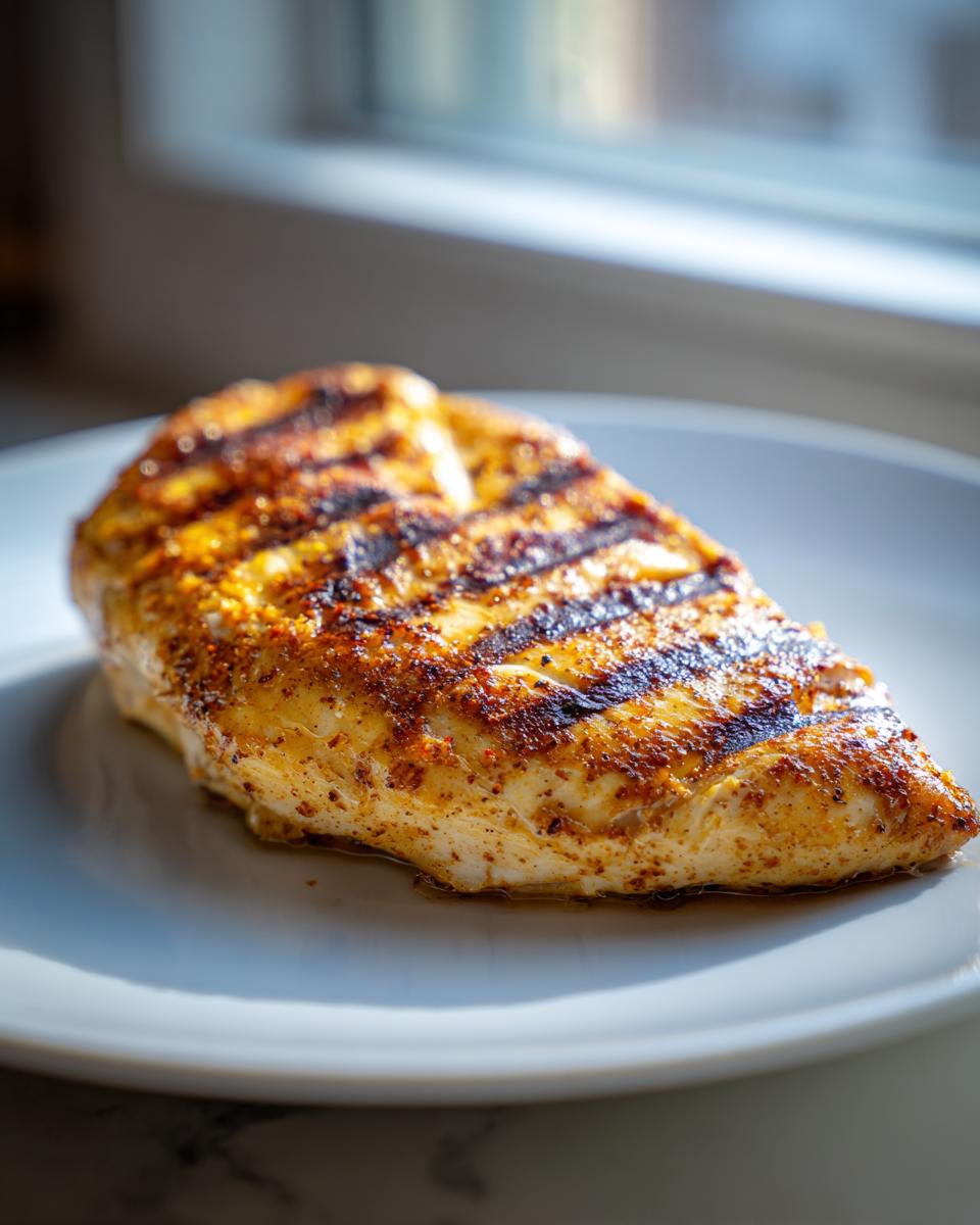 Pechuga de pollo a la plancha con marcas de parrilla y especias en un plato blanco