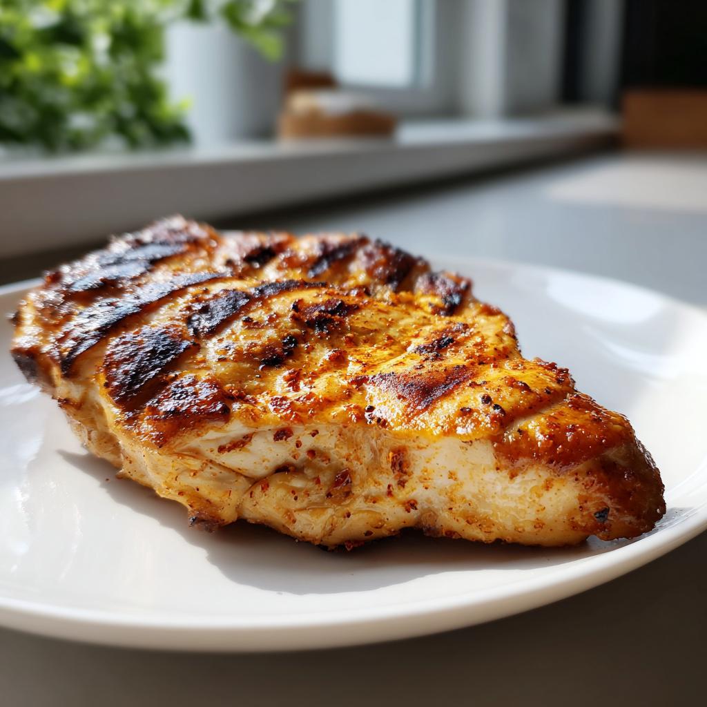 Pechuga de pollo a la plancha dorada con marcas de parrilla en un plato blanco