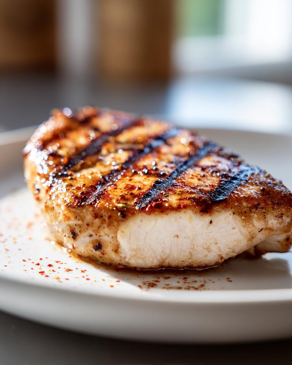 Pechuga de pollo a la plancha con marcas de parrilla y especias sobre plato blanco.