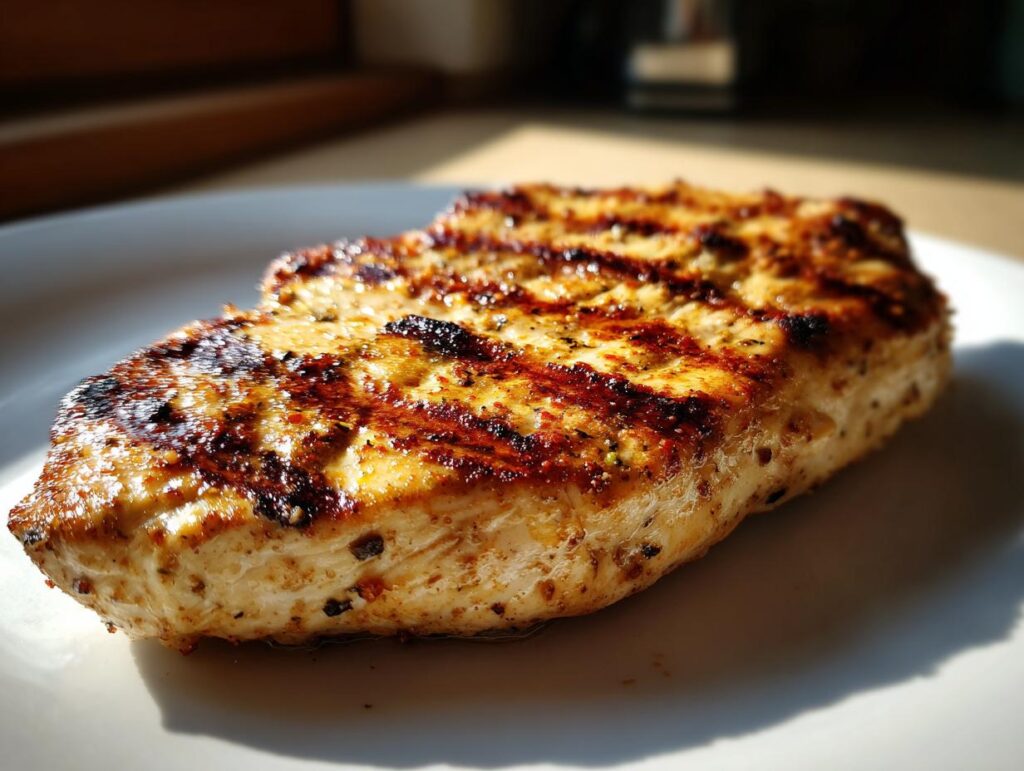 Pechuga de pollo a la plancha con marcas de parrilla y dorado apetitoso en plato blanco