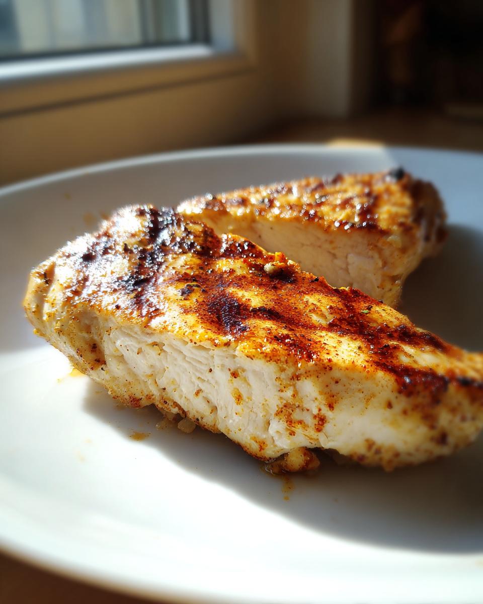Pechugas de pollo a la plancha doradas y jugosas en un plato blanco con especias visibles