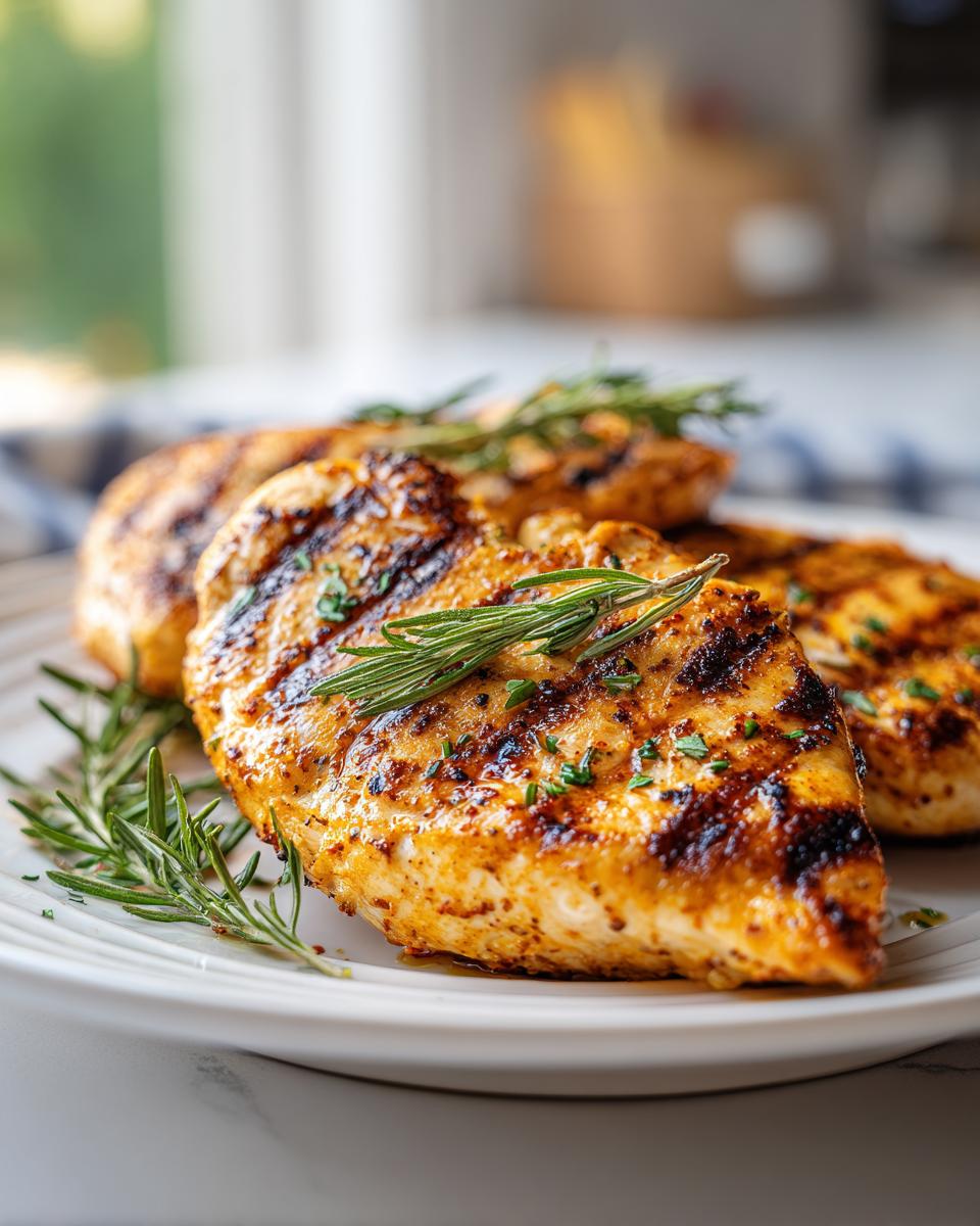 Pechugas de pollo a la plancha doradas con romero y especias en un plato blanco