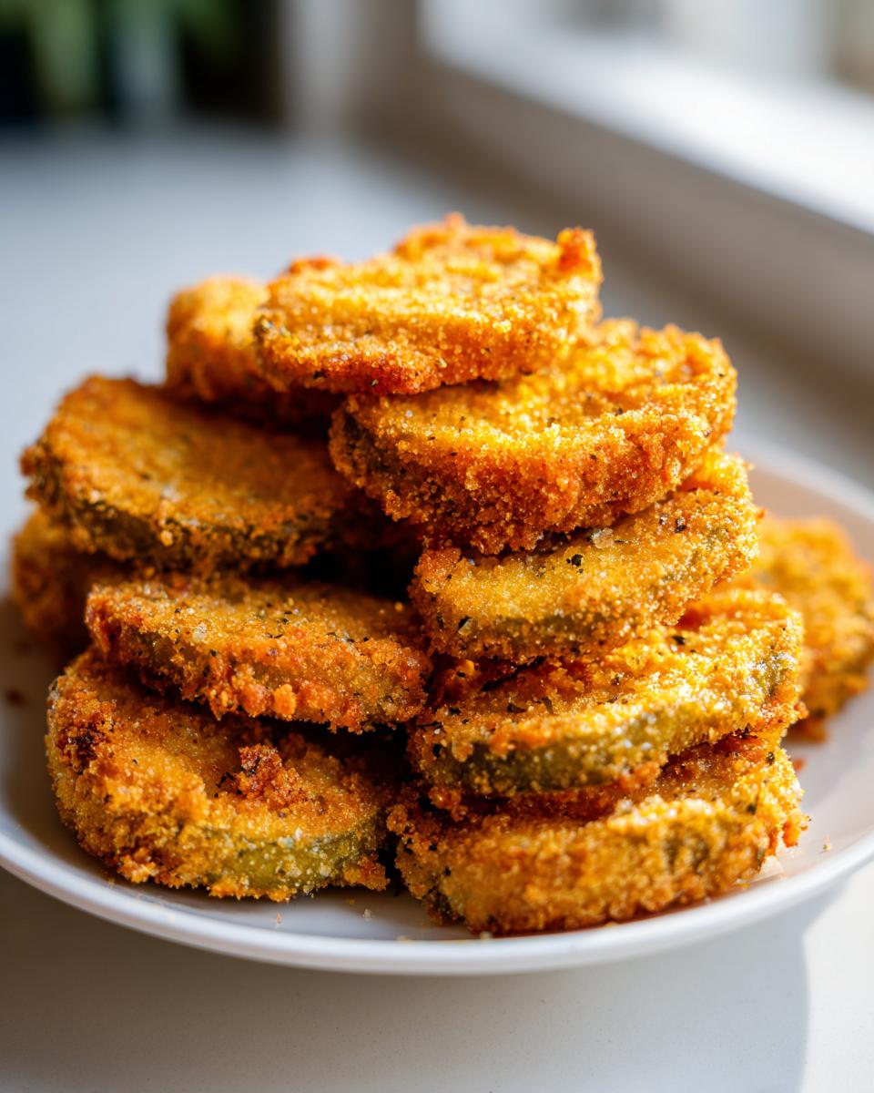 Montón de pepinillos fritos crujientes y dorados en un plato blanco.