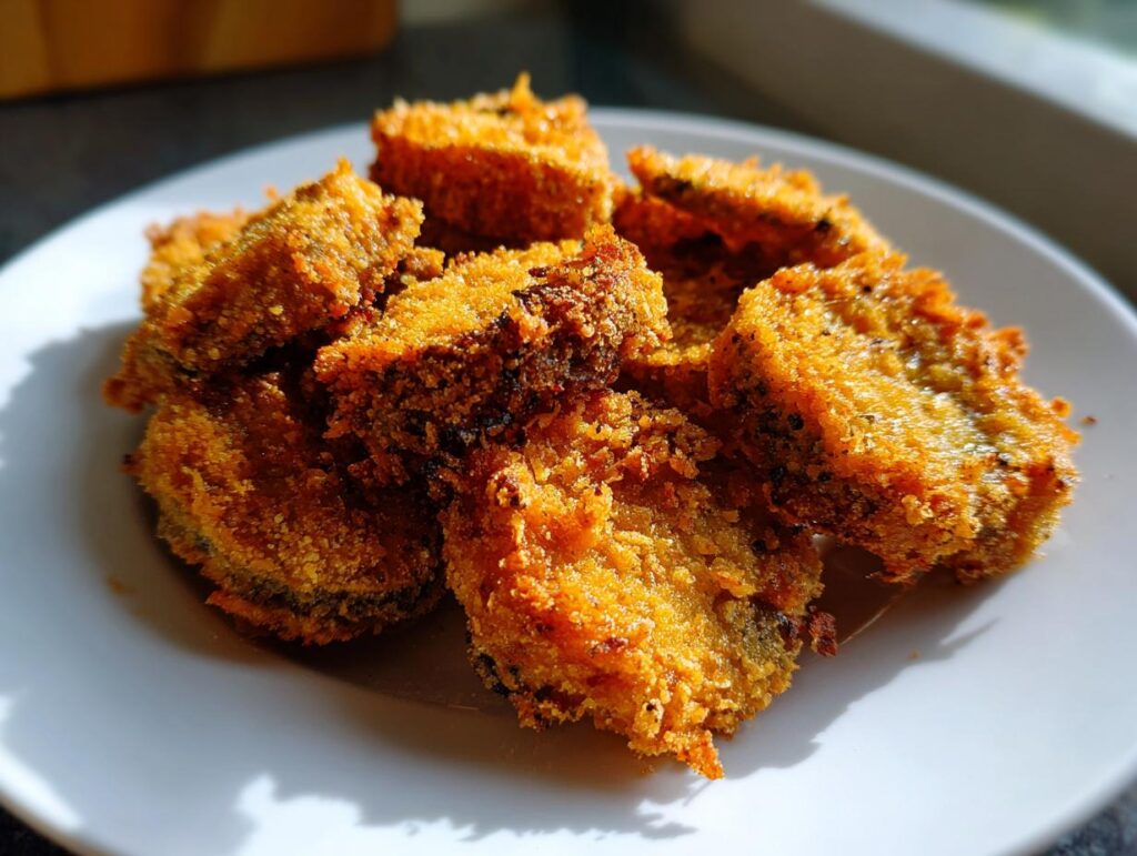 Pepinillos fritos crujientes dorados servidos en un plato blanco bajo luz natural.