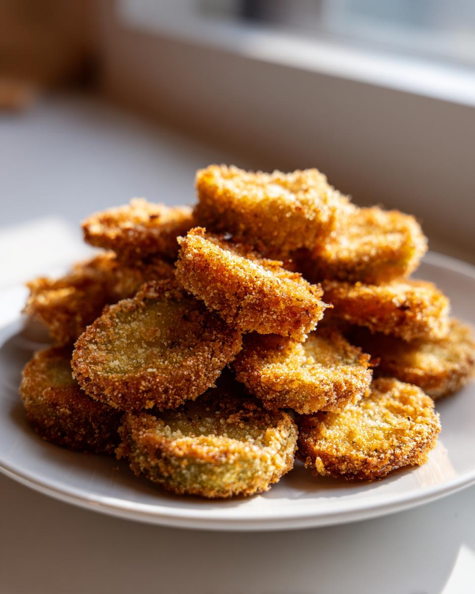 Montón de pepinillos fritos crujientes dorados en un plato blanco.