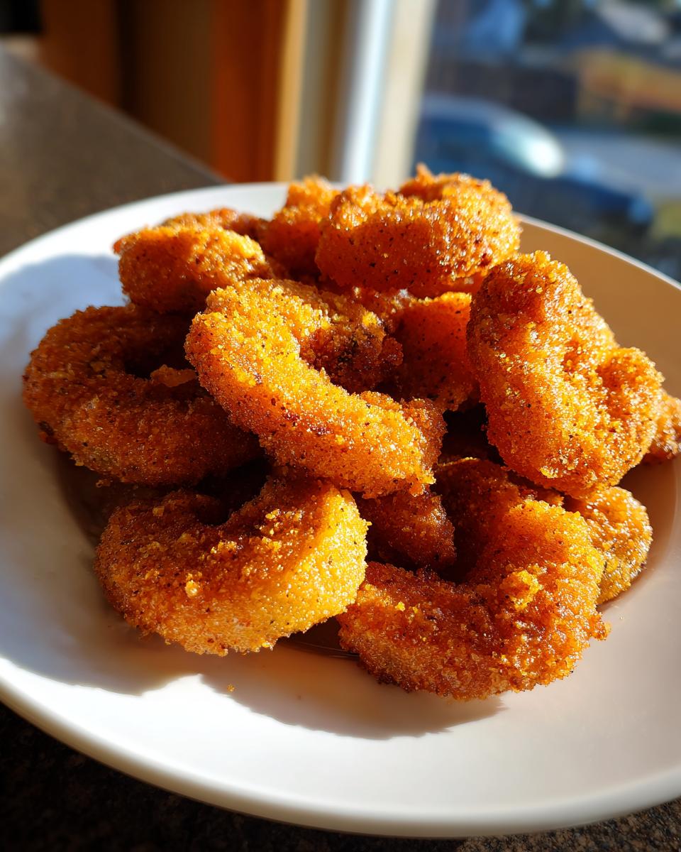 Pepinillos fritos dorados y crujientes servidos en un plato blanco.