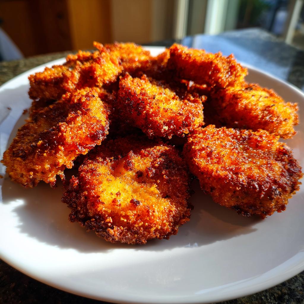 Pepinillos fritos crujientes dorados servidos en un plato blanco bajo luz natural