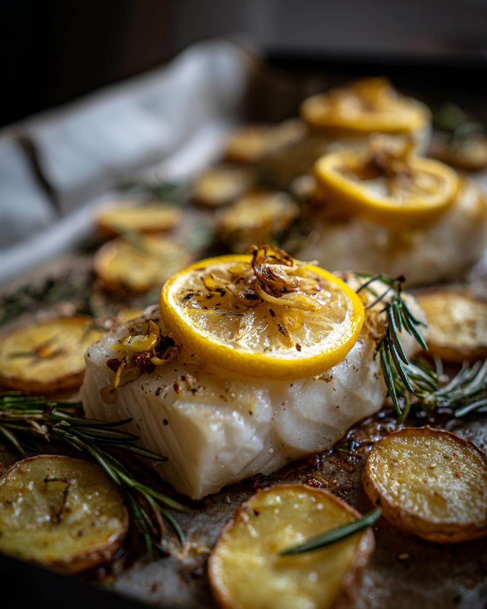 Filetes de pescado al horno con rodajas de limón, papas doradas y ramitas de romero