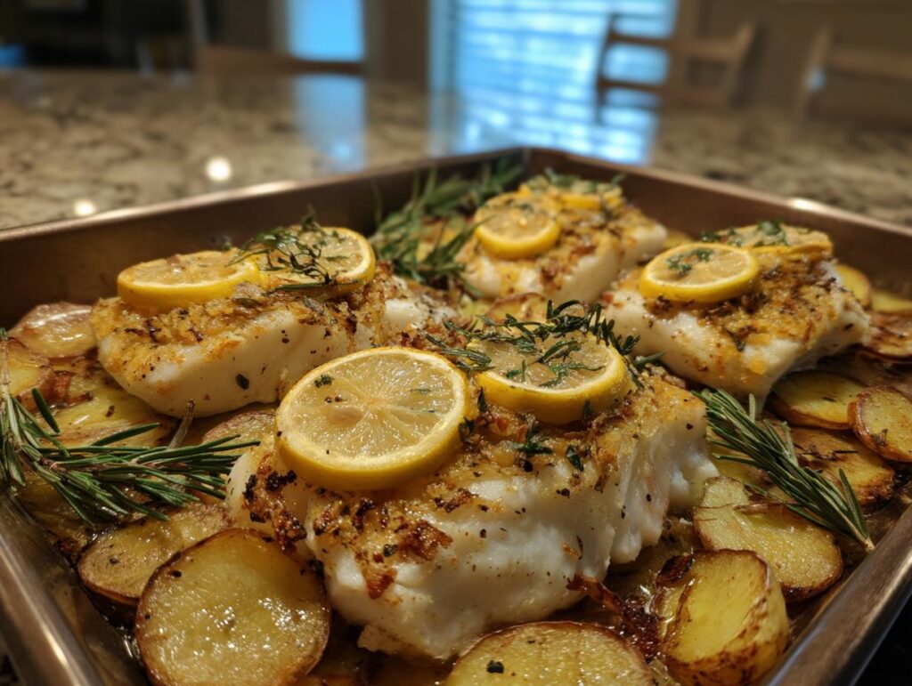 Filetes de pescado al horno con rodajas de limón y papas doradas con hierbas frescas
