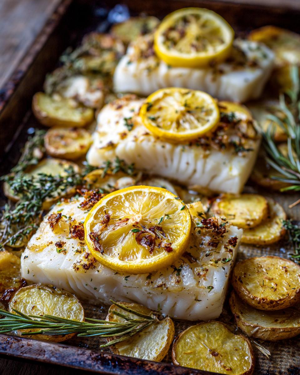 Filetes de pescado al horno con rodajas de limón y papas doradas en bandeja de horno