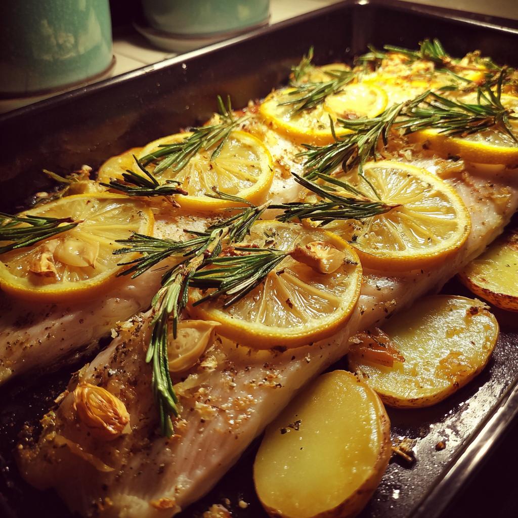 Pescado al horno cubierto con rodajas de limón, ramitas de romero y ajo, acompañado de papas asadas
