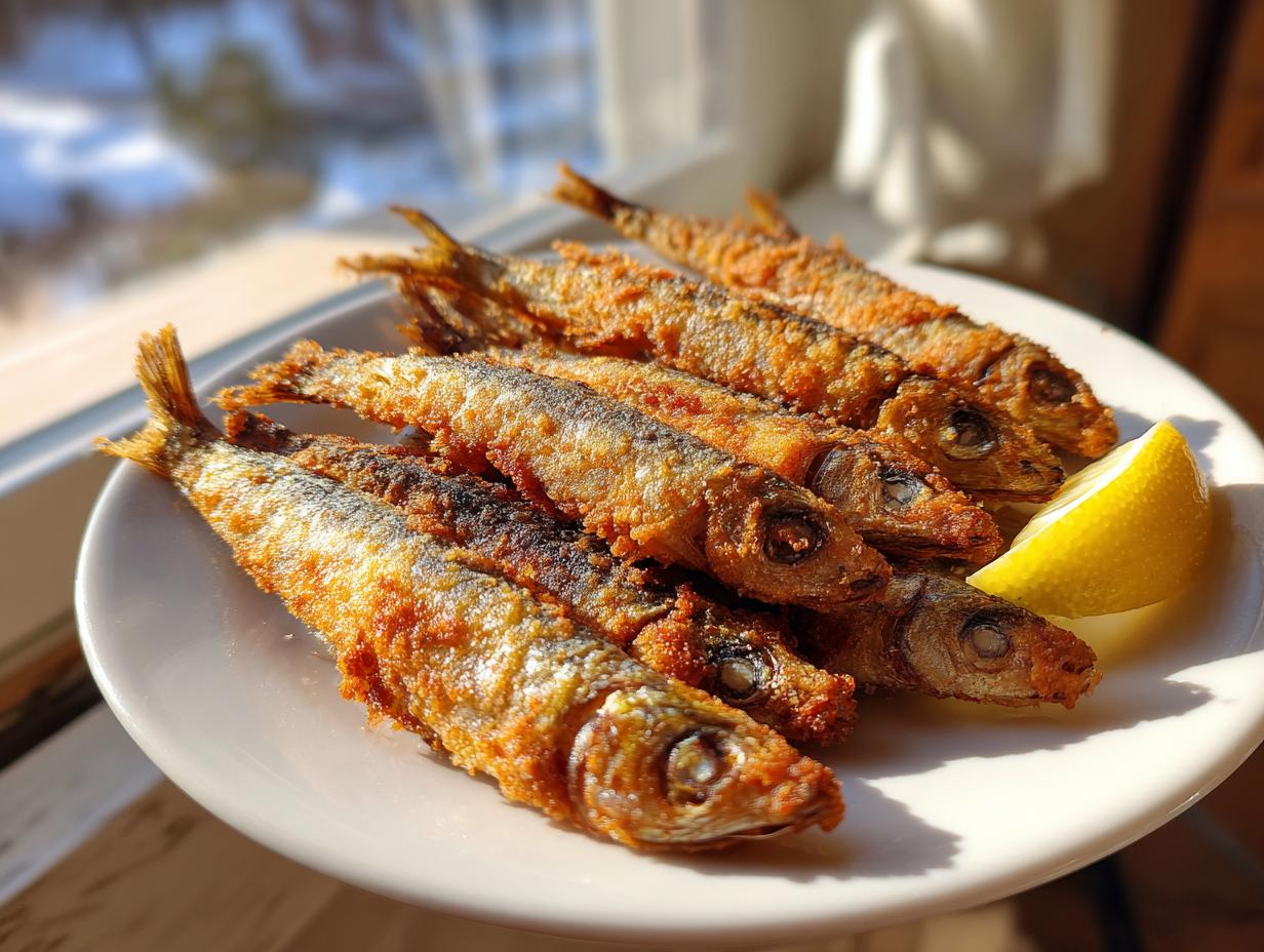 Plato con pescaito frito dorado y crujiente acompañado de una rodaja de limón.