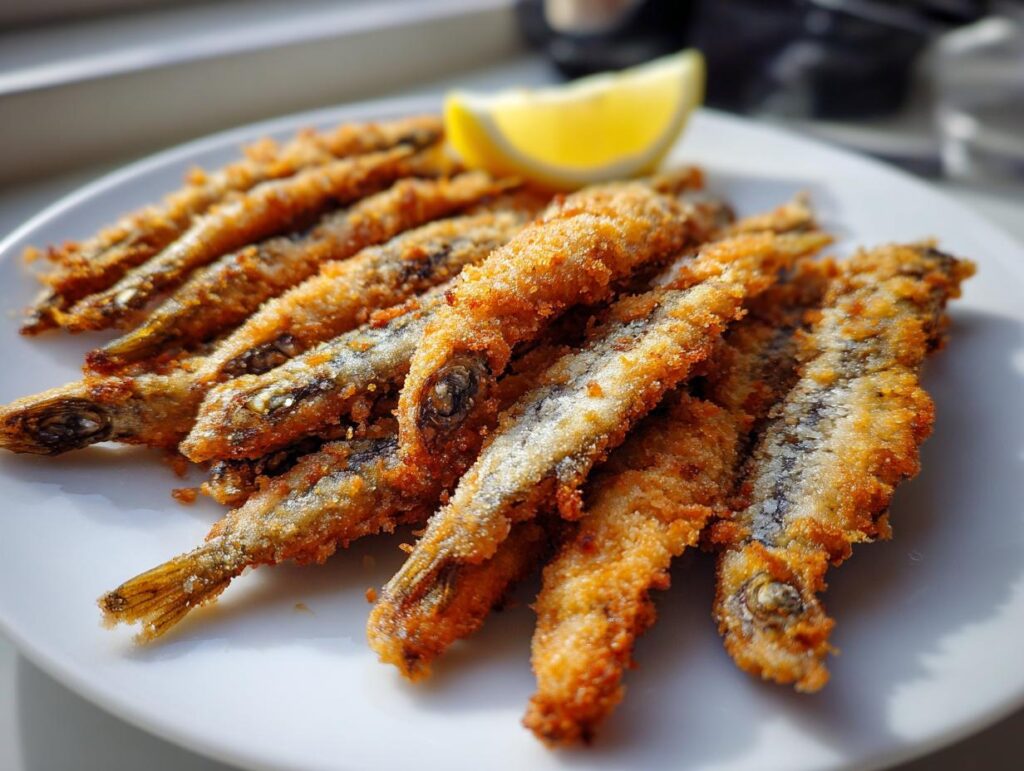 Plato con pescaito frito crujiente acompañado de una rodaja de limón.